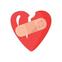 Vector of broken heart from 3D realistic icon and symbols in red with a wound, stitches and bandages highlighted.