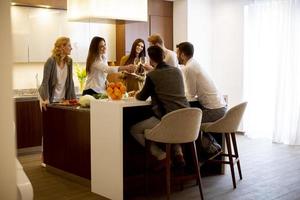 Group of young people preparing meal, drinking white wine and having a good time photo