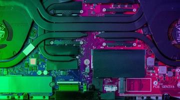 Circuit board with resistors microchips and electronic components. Computer hardware technology. Integrated communication processor. Information engineering. PCB. photo