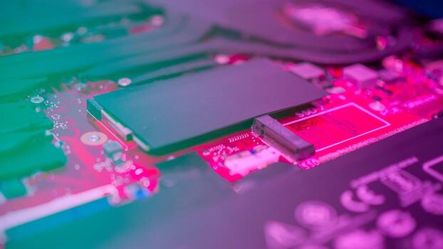Circuit board with resistors microchips and electronic components. Computer hardware technology. Integrated communication processor. Information engineering. PCB. photo