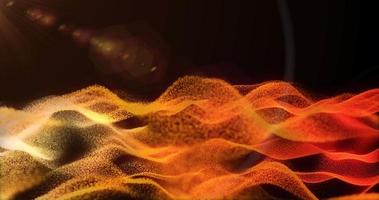 Abstract background wave of yellow futuristic hi-tech grains of sand waves dots pixel particles flying with glow effect glare rays of light and background blur, screensaver, video in high quality 4k