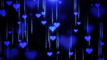 Festive blue love background of hearts flying down with blur and glow effect and particles for Valentine's Day. Abstract background. Video in high quality 4k, motion design