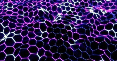 Looped abstract background from waves of hexagons from stripes and lines of bright purple beautiful magical energy glowing neon. Abstract background. Screensaver, video in high quality 4k