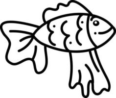 Gold fish doodle. Cute single gold fish with smile. Cartoon white and black vector illustration.