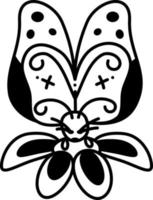 Butterfly doodle2. A cute butterfly sits on a flower. Cartoon white and black vector illustration.