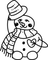 Snowman doodle3. Cute snowman in a hat and scarf. Cartoon white and black vector illustration.