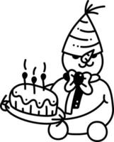 Snowman doodle5. Cute snowman in a festive hat and with a cake. Cartoon white and black vector illustration.