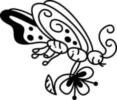 Butterfly doodle4. A cute butterfly flies with a flower in its paws. Cartoon white and black vector illustration.