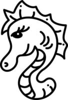 Sea horse doodle. Cute single sea horse with smile. Cartoon white and black vector illustration.
