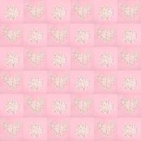 Festive floral seamless pattern of pink squares with shapes heart and circle laid out from white apple tree flowers. photo