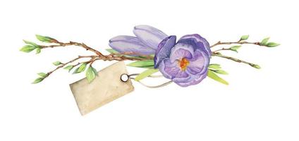 Watercolor hand drawn composition with spring flowers, crocus, leaves and stems, bow, gift tag. Isolated on white background. For invitations, wedding, greeting cards, wallpaper, print, textile. vector