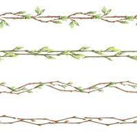 Watercolor hand drawn seamless border of spring twigs and branches with fresh leaves. Isolated on white background. Design for invitations, wedding, greeting cards, wallpaper, print, textile vector