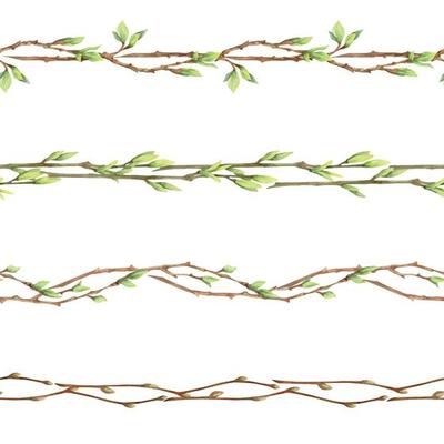 Watercolor hand drawn seamless border of spring twigs and branches with fresh leaves. Isolated on white background. Design for invitations, wedding, greeting cards, wallpaper, print, textile