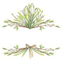 Watercolor hand drawn composition with spring flowers, snowdrops, leaves and stems, bow, gift tag. Isolated on white background. For invitations, wedding, greeting cards, wallpaper, print, textile. vector