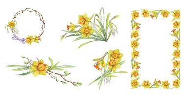 Watercolor hand drawn composition with spring flowers, daffodils, leaves and stems, bow, gift tag. Isolated on white background. For invitations, wedding, greeting cards, wallpaper, print, textile. vector