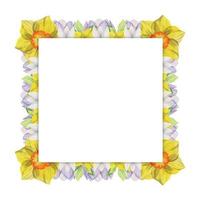 Watercolor hand drawn square frame with spring flowers, crocus, snowdrops, daffodils, leaves. Isolated on white background. Design for invitations, wedding, greeting cards, wallpaper, print, textile. vector