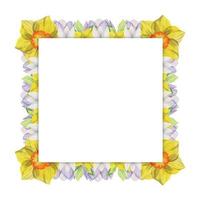 Watercolor hand drawn square frame with spring flowers, crocus, snowdrops, daffodils, leaves. Isolated on white background. Design for invitations, wedding, greeting cards, wallpaper, print, textile. vector