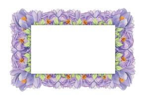 Watercolor hand drawn square frame with spring flowers, crocus, snowdrops, branches, leaves. Isolated on white background. Design for invitations, wedding, greeting cards, wallpaper, print, textile. vector