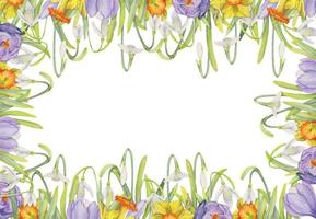 Watercolor hand drawn square frame with spring flowers, crocus, snowdrops, daffodils, leaves. Isolated on white background. Design for invitations, wedding, greeting cards, wallpaper, print, textile. vector