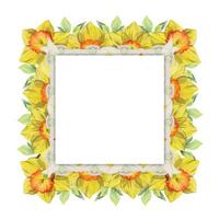 Watercolor hand drawn square frame with spring flowers, daffodils, snowdrops, branches, leaves. Isolated on white background. Design for invitations, wedding, greeting cards, wallpaper, print, textile vector