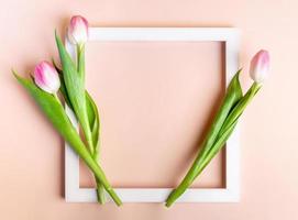 White empty frame and fresh pink tulips on pastel pink backdrop with copy space. Mock up. Top view. photo