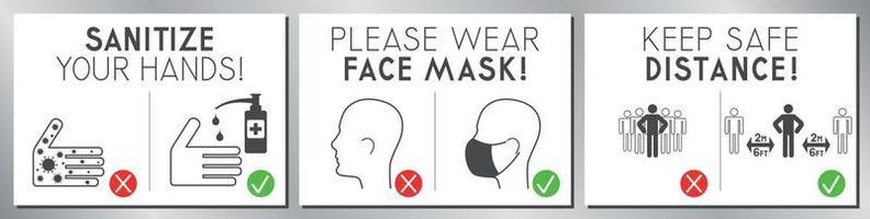 Posters about Wearing Face Masks, Keeping Distance and Sanitizing vector