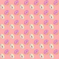 Trendy square seamless pattern of traditional doughnuts with lilac and white glazes on gentle pink backdrop. Top view. photo