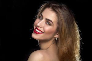 woman with red lips smiling photo