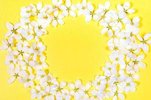 Round frame made of white apple tree flowers on trendy yellow Illumination backdrop. Festive layout for spring holidays. photo