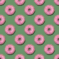 Trendy square seamless pattern of traditional doughnuts with lilac glaze on calm green background. Hard shadows. photo