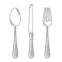 tenedor, cuchillo y cuchara - ilustración de contorno vector