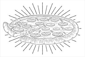 pizza con pepperoni y cebolla - ilustración de esquema vector