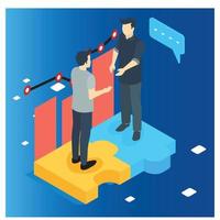 Isometric Flat two Businessmen making Deal vector illustration. People shaking hands making contract online. Partnership concept.