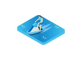 3D isometric vacationing on a tropical beach and playing jetski. Vector Isometric Illustration Suitable for Diagrams, Infographics, And Other Graphic assets