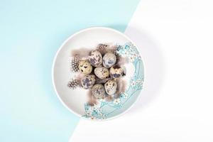 Easter table setting concept with quail eggs and feathers on plate decorated flowers on white - light blue background. photo