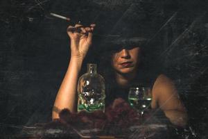 Retro woman with mouthpiece cigarette and alcohol. retro style image with artifacts photo