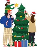 Family Preparing Christmas Tree Vector Illustration