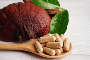 Lingzhi or Reishi mushroom with capsules, organic natural healthy food. photo