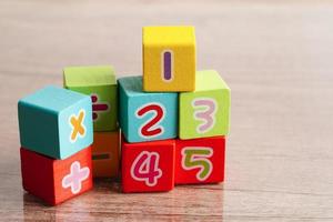 Number wood block cubes for learning Mathematic, education math concept. photo