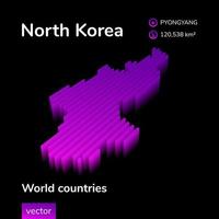 North Korea 3D map. Stylized neon digital isometric striped vector map in violet and pink colors on the black background