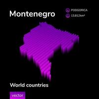 montenegro mapa 3d. mapa vectorial de rayas isométricas digitales de neón estilizado en colores violeta y rosa en el fondo negro vector