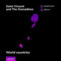 mapa de san vicente y granadinas. el mapa 3d de vector de neón isométrico rayado estilizado está en colores violetas sobre fondo negro