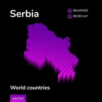 serbia mapa 3d. vector rayado isométrico digital de neón estilizado en colores violeta y rosa en el fondo negro