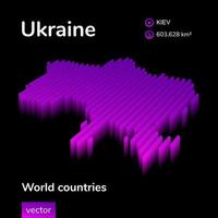 Ukraine 3D map. Stylized neon digital isometric striped vector Map of Ukraine is in violet and pink colors on the black background