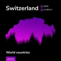 Switzerland 3D map. Stylized neon digital isometric striped vector Map in violet and pink colors on the black background