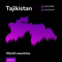 Tajikistan 3D map. Stylized neon simple digital isometric striped vector Map of Tajikistan is in violet colors on black background