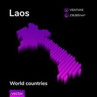 Laos 3D map. Stylized neon simple digital isometric striped vector 3d Map of Laos is in violet colors on black background. Educational banner