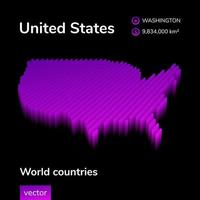 USA 3D map. Stylized neon digital isometric striped vector Map of United States is in violet and pink colors on the black background