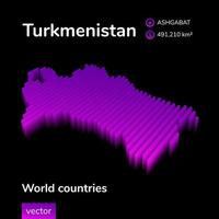 turkmenistán mapa 3d. ilustración de vector rayado isométrico digital simple de neón estilizado. mapa de turkmenistán está en colores violetas sobre fondo negro