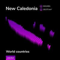 New Caledonia 3D map. Stylized isometric neon striped vector 3d map. Map of New Caledonia is in violet and pink colors on black background. Educational banner, infographic element